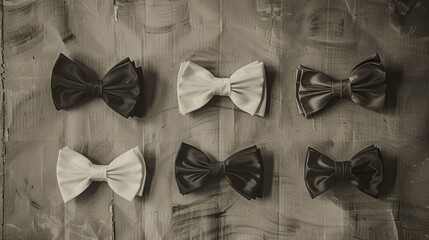 Sticker - Square frame with four bow ties on cardboard backdrop for congratulatory messages with monochrome filter from above