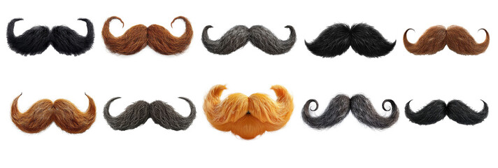 Collection of mustaches of different colors and shapes, isolated on transparent