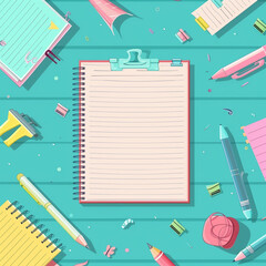 A notebook with a clip is on a table with other school supplies. The notebook is empty and the table is covered with pens, pencils, and other writing utensils