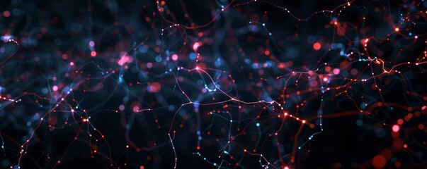 AI technology: abstract red and blue neural networks on black futuristic background, light of energy
