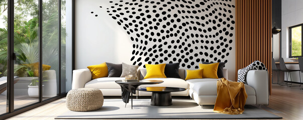 Wall Mural - Elegant Living Room with Black and Yellow Accent Pillows