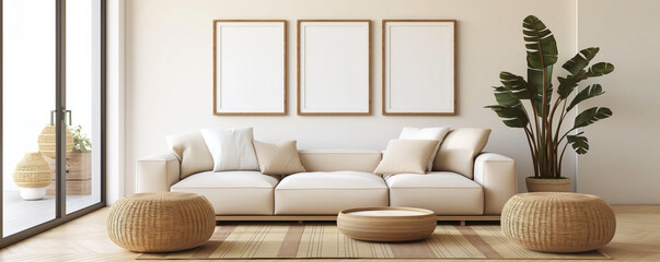 Wall Mural - Minimalist Living Room with Neutral Tones and Mockup Frames