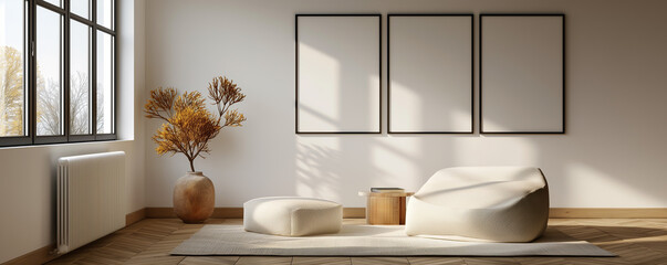 Wall Mural - Modern Minimalist Lounge Area with Natural Light and Mockup Frames