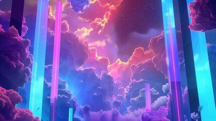 Wall Mural - vibrant and dreamy abstract fantasy backdrop featuring a colorful sky filled with neon clouds, compl