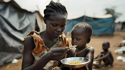 Poster - black African mother feeding her young malnourished child in a refugee camp, demonstrating maternal care and resilience amid adversity, captures the importance of humanitarian aid video animation