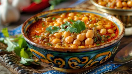 A vibrant bowl of harira soup with lentils, chickpeas, and spices