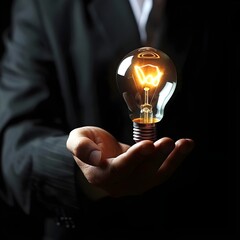 Light bulb in hand of businessman, innovative business idea, motivation for  success, innovation, energy save concept.