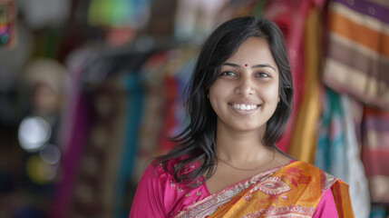 Poster - Young indian woman standing in saree shop