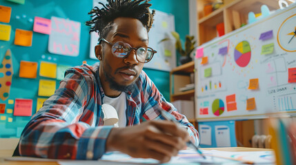 a teacher preparing lesson plans and activities at a whiteboard in a bright, tidy classroom before s