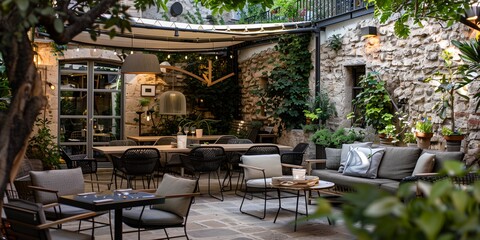 Canvas Print - A patio with a wooden deck and a brick house. The patio is filled with furniture, including a couch, chairs, and a table. There are potted plants and a vase on the deck. The scene is inviting