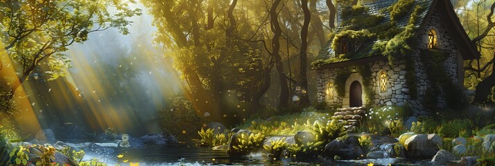 Wall Mural - A lush green forest with a small house in the middle. The house is surrounded by trees and has a stone wall. The sunlight is shining through the trees, creating a warm and inviting atmosphere