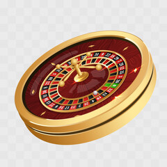 Golden casino roulette wheel with wood desk and cells on white background with golden light, rays, glare, sparkles. Vector illustration for casino, game design, advertising