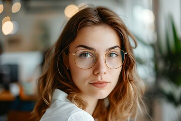 Wall Mural - A woman with brown hair and glasses is standing in front of a plant. She is wearing a white shirt and has a smile on her face