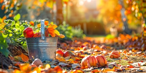 Wall Mural - A bucket full of apples and leaves is on the ground. The scene is autumn and the colors are warm and inviting