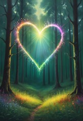 Poster - A dark green forest meadow with a colorful heart radiating light beams, magic lights, oil paint