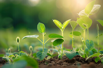 soybean growth in farm with green leaf background. agriculture plant seeding growing step concept