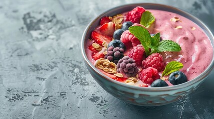 Wall Mural - A healthy fruit smoothie bowl topped with berries