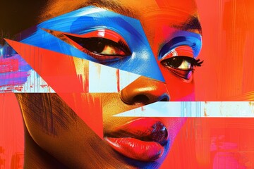 Poster - Abstract digital art of a woman's face with vibrant geometric shapes and bold colors in a glitch style.