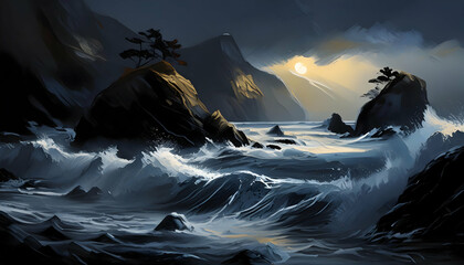 Wall Mural - Seascape landscape, black background on digital art concept, Generative AI.