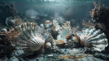 underwater extravaganza: huge shells and soft coral branches surround an underwater landsca