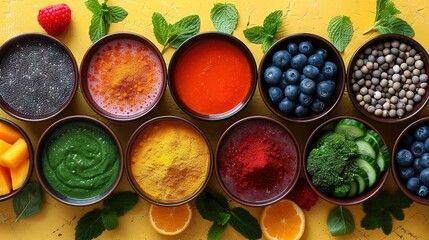 Wall Mural -   Group of colorful fruit and veggie bowls with oranges, blueberries, raspberries, and broccoli