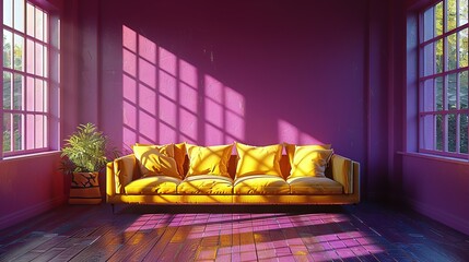  A cozy room featuring a sunny yellow couch and vibrant green potted plant against a rich purple backdrop, with two bright windows letting in natural light