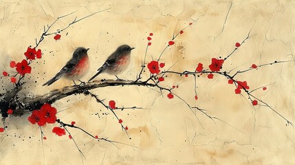   Two birds perched on a tree branch with red flower painting