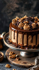 Caramel cake with nuts and chocolate glaze