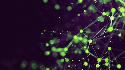 Bright green dots linked by lime threads on a dark purple canvas, text space in the upper right