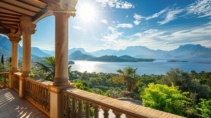 Wall Mural - A balcony with a view of the sea and mountains on a sunny day