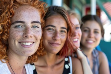 Wall Mural - Four women stand together, smiling and looking directly at the camera