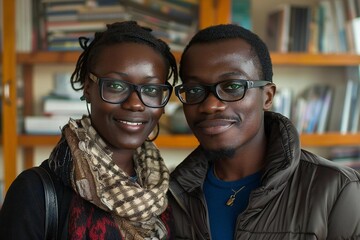 Wall Mural - candid photo of a young happy African couple wearing glasses in their cozy home, showcasing their bond and relationship.