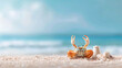 © eaglesky - A crab is sitting on a beach with a small sandcastle and a shell. The crab is looking up at the camera