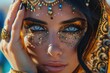 © Konstiantyn Zap - A close-up portrait of a woman with intricate gold and blue makeup, her piercing blue eyes staring intensely