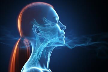 Side view of futuristic human head, neck and respiratory system X-ray with glowing blue details, digital anatomy concept