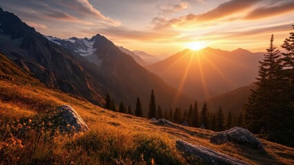 Canvas Print -  Sunset over majestic mountains and verdant valleys