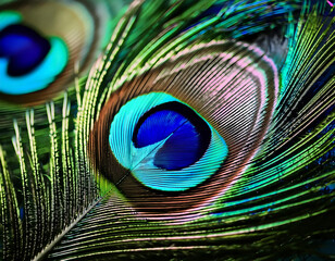 8K resolution close-up of a peacock feather, iridescent blues and greens shimmering, minute