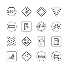 Road Signs, Icon Set. Various Signs for Drivers and Pedestrians. Stop Sign, Pedestrian Crossing, Main Road, Yield Sign, No Entry, Parking, Speed Limit, Bus Stop, Car, etc. Line with editable stroke