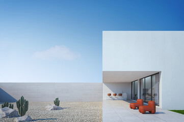 Wall Mural - Modern box house exterior with blue sky.3d rendering