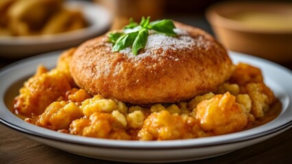 Wall Mural -  Deliciously baked bread and cheesy potatoes ready to be savored