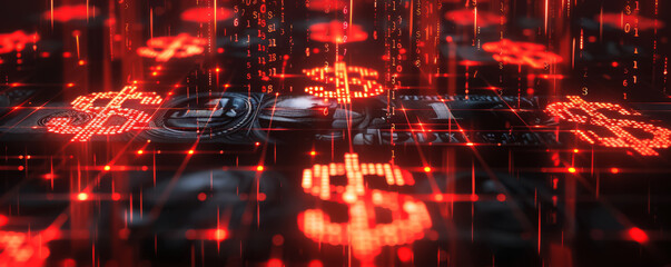 Fototapete - A red background with a bunch of dollar signs