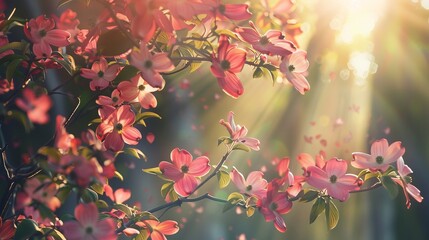 Wall Mural - A gorgeous dogwood shrub glowing in the sun, with pink blossoms