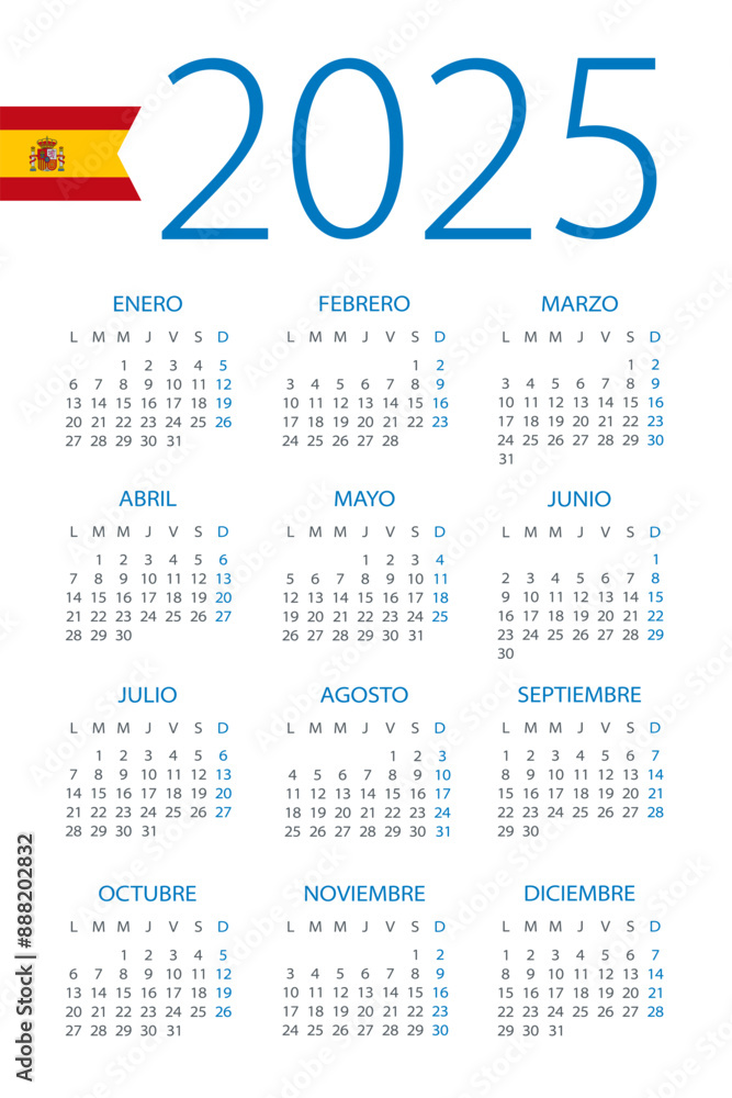 Calendar 2025 - illustration. Spanish version. Week starts on Monday ...