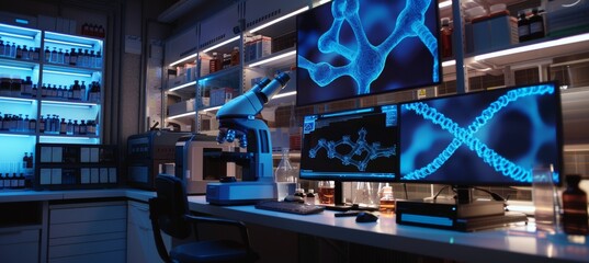 Wall Mural - Cutting-Edge Laboratory Studying DNA Repair with Advanced Equipment and Digital Molecular Displays