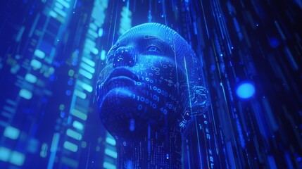 Human-Machine Fusion in cyberspace hologram of the AI head made of binary code. Cyborg Intellect, 