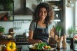 © Thanyaporn - A delighted woman in a kitchen, smiling as she prepares a meal. Her apron and the fresh ingredients around her reflect her passion for cooking. The bright and clean kitchen environment adds to the
