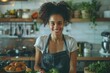 © Thanyaporn - A delighted woman in a kitchen, smiling as she prepares a meal. Her apron and the fresh ingredients around her reflect her passion for cooking. The bright and clean kitchen environment adds to the