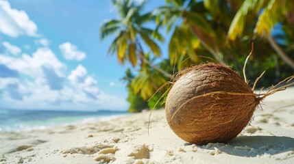 Poster - With palm trees in the distance, a fresh coconut rests on the sand. Perfect setting for a trip.