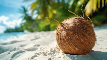 Poster - With palm trees in the distance, a fresh coconut rests on the sand. Perfect setting for a trip.