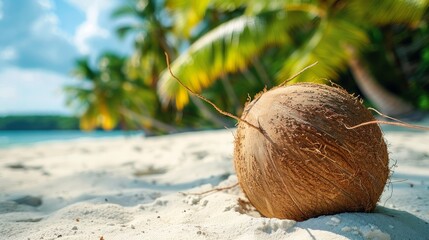 Poster - With palm trees in the distance, a fresh coconut rests on the sand. Perfect setting for a trip.